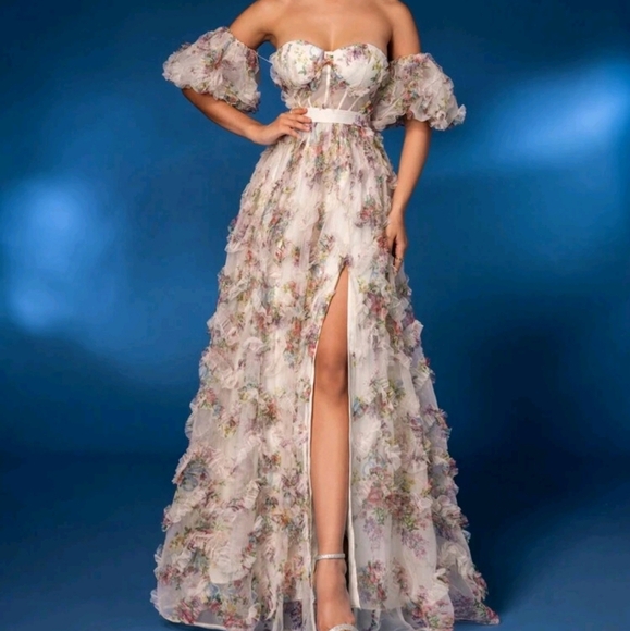 Dresses & Skirts - Elegant Off-Shoulder Detachable Puff Sleeve Floral Mesh Gown Elegant Dress
